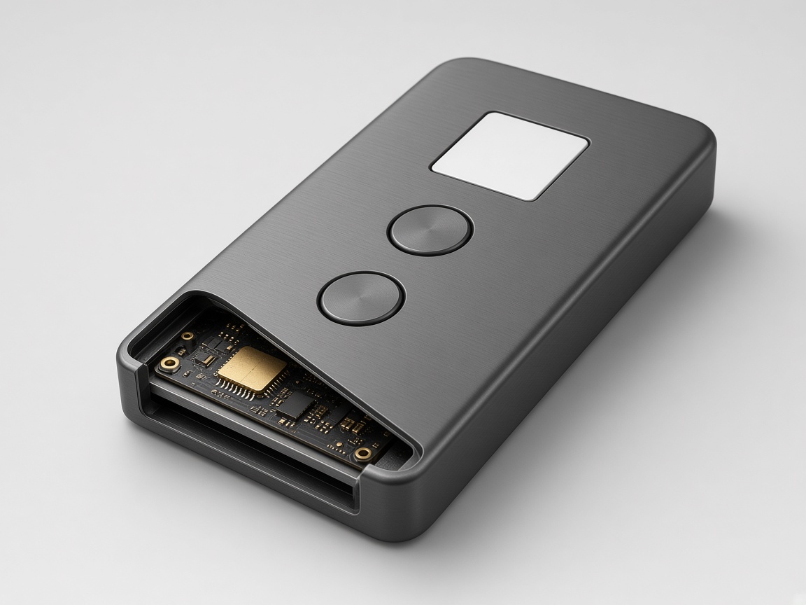 Cutaway of the CREATO graphite slab showing the internal board and secure element, square screen and two circular buttons