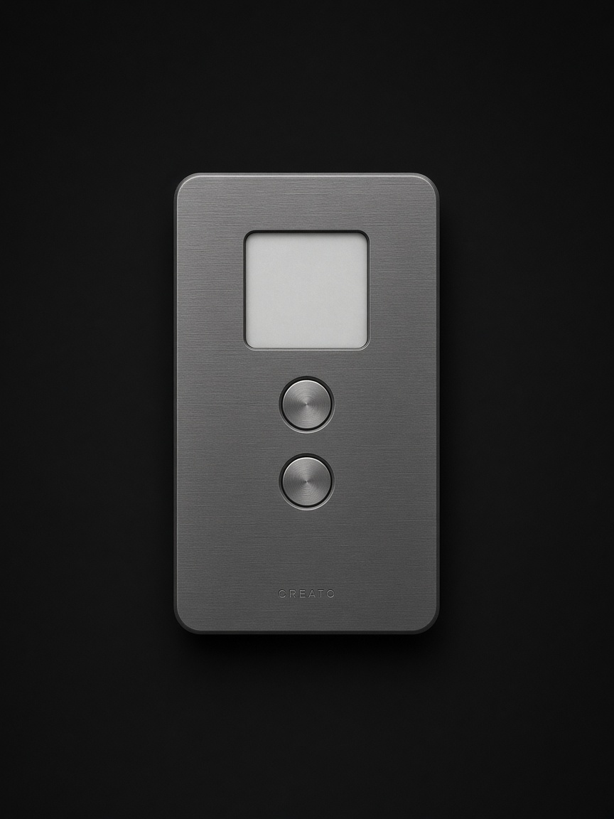 CREATO hardware wallet front-on, graphite slab with square screen and two circular buttons