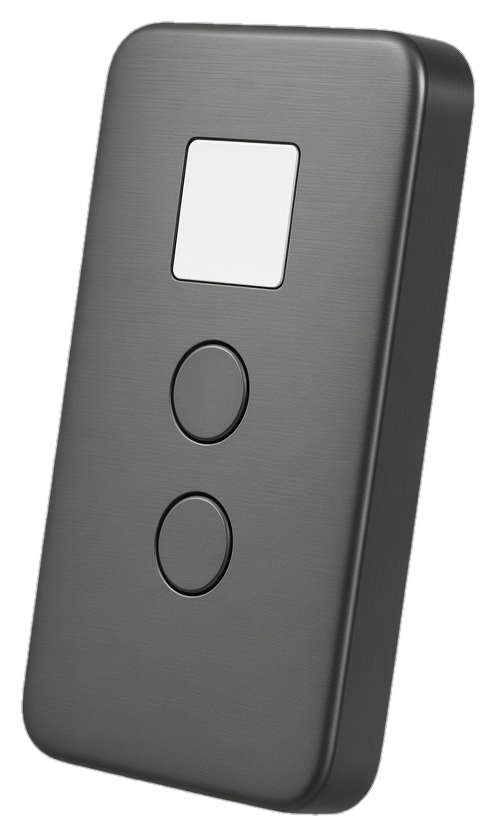 CREATO hardware wallet, brushed graphite slab with a small square screen and two circular buttons
