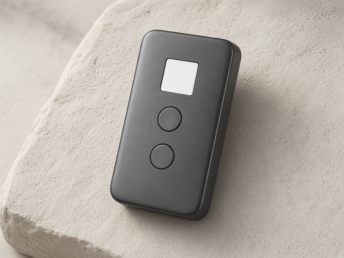 CREATO hardware wallet lying fully in frame on stone, square screen and two circular buttons