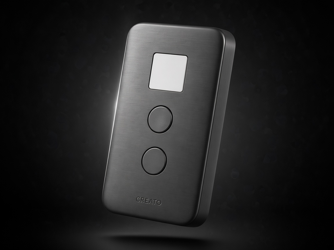 CREATO hardware wallet floating, graphite slab with square screen and two circular buttons